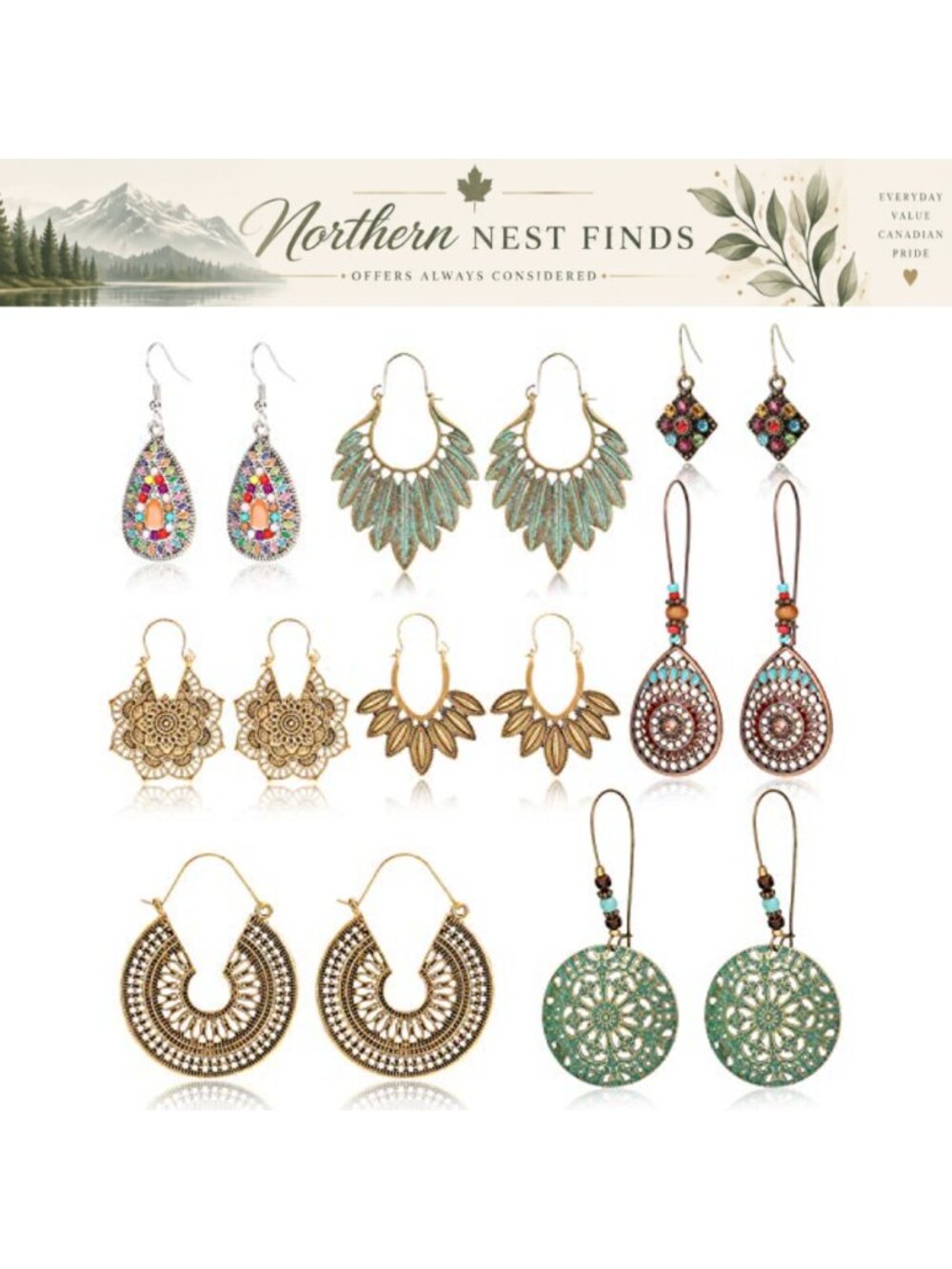 Bohemian Vintage Earrings Set 8 Pairs Zinc Alloy Resin Rhinestone Dangle